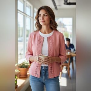 Ruby Rd. Women's Soft Pink Lace Accent Full Zip Blazer Size 12 Linen 3/4 Sleeves